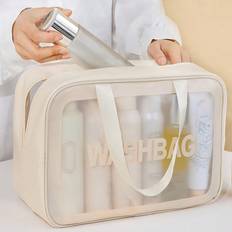 Beige Toiletry Bags Shein pc Beige Letter Pattern PU Clear Wash Bag Portable Waterproof Organizer Toiletry Travel Bag Large Capacity MultiFunction Transparency PVC Storage Make