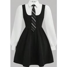 Black Dresses Children's Clothing Shein Tween Girl In Black Long Sleeve Collared Dress With Tie Preppy Uniform Back To School