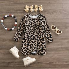 6-9M Dresses Children's Clothing Shein Toddler Girls Cute Knitted Elastic Leopard Print Asymmetrical Hem Long Sleeve Dress Autumn