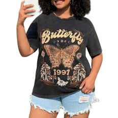 Shein 3XL T-shirts Shein EZwear Plus Size Acid Washed Look Vintage Knitted Distressed Loose Fit Knit Butterfly Cartoon Pattern Short Sleeve T-Shirt