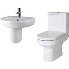 Vision Ceramic Bundle Semi Flush to Wall Toilet Pan & Cistern, Soft Close Seat, 500mm 1 Tap Hole Basin & Semi Pedestal Balterley