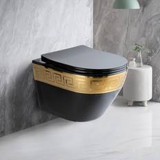 Black Water Toilets Homary Luxury Round Wall-Mounted Toilet Rimless Flushing Ceramic in Black & Gold Rim