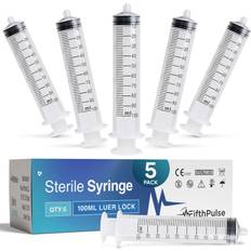 Health FifthPulse 100 ml Syringe without Needle 5 Pack of Individually Wrapped Disposable Syringes Good for Medical, Scientific Lab, Home Use, and More Sterile Luer Lock Syringes