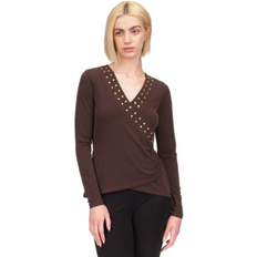 Blouses Michael Kors Women's Astor Studded Faux-Wrap Top Chocolate