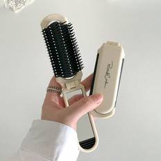 Shein 1pc Foldable Comb - Cream Color, Portable With Built-In Mirror,Hair Brush,Comb,Hair Tools,Hair Products And Accessories For Barber Salon Beauty Travel Essentials