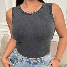 Shein Womens Plus Stylish Vintage Acid Wash Knit Bodysuit With Round Neck Sleeveless Waist Pile Pleat Detailing For Summer