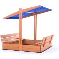 Sandkasten Holz mit Dach und Bänken 120x120 cm blau