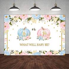 Photo Backgrounds 5×3ft Fall Pumpkin he or she Gender Reveal Backdrop Blue Pink Pumpkin Floral Gold dots Stripes Baby Shower Background for Photography Autumn What Will Baby be Party Banner Decorations Photo Props