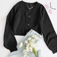 Shein Autumn And Winter Loose And Casual Black V Collar Long Sleeves Ribbed Knit Button Front Cardigan
