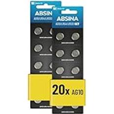 Absina AG10 LR1130 knappcell 20-pack 1,5 V alkaliska knappceller läckagesäker och med lång hållbarhet LR54/V10GA/RW49/G10A/189/GP189/L1130/89A knappbatterier batteri