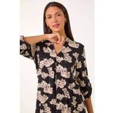 Leopard Blouses Roman Floral V-Neck Pleat Front Stretch Top Black