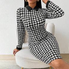 3XL Dresses Shein And Summer Casual Elegant Work Houndstooth Bodycon Dress Shirt Collar Tweed Women Dresses