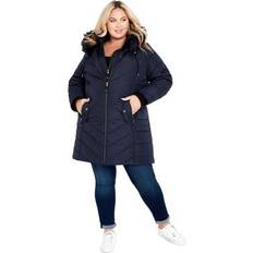 Avenue Outerwear Avenue Plus Women's Chevron Faux Fur Hood Long Puffer Coat in Navy Size 14/16