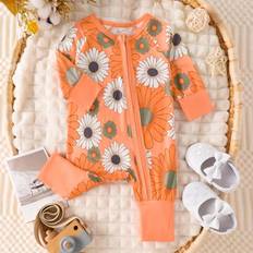 Babies Jumpsuits Shein Baby Girl Floral Print Long Sleeve Zipper Front Casual Jumpsuit SpringAutumn