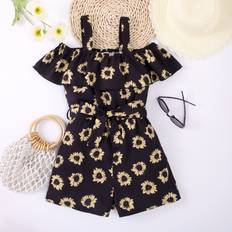 Playsuits Shein Tween Girl Floral Print Open Shoulder Jumpsuit Sweet Vacation Style Floral Pattern Open Shoulder Design Soft Breathable