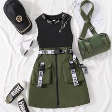 Green Other Sets Children's Clothing Shein Teen Girl Summer Fashionable Letter Printed Vest & Utility Skirt Set