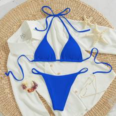 L Bikini Sets Shein Summer Beach Ribbed Bikini Set Tie Back Halter Triangle Bra Thong Piece Bathing Suit