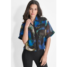 XL Blouses DKNY Women's Printed Short-Sleeve Button-Front Blouse Lapis Bl