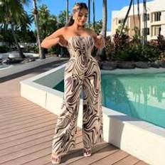 Multifärgade - Tyg Jumpsuits & Overaller Shein Western Clothing Women's Purple Wave Patterned Bandage Apricot Skinny Jumpsuit For Summer