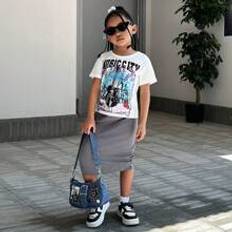 Shein Young Girl's Guitar & Letter Printed T-Shirt And Skirt Set