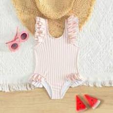 M Baddräkter Shein Young Girls' Striped Random Flounce One-Piece Swimsuit Without Lock Edge