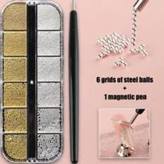 Shein 1pc Nail Art Magnet Pen And 1pc 12Grids Gold Silver Beads Metal Charm Mini Caviar Nail Beads