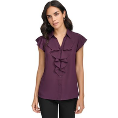 Purple Blouses Calvin Klein Women's Collared Ruffled Short-Sleeve Blouse Aubergine