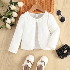 White Cardigans Children's Clothing Shein Young Girl Fashionable Elegant Sweet White Little Cardigan White Striped Texture Elastic Wavy Striped Fabric Flower Decoration Suitable For