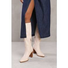 White Boots Where's That From 'Alpha' Block Heel Knee High Boots With Stitch Detail Cream