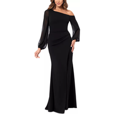 Lined - Long Dresses Betsy & Adam Women's One Shoulder Sheer Sleeve Dress - Black