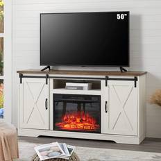 Modern fireplace tv stand Amerlife Sliding Barn Distressed White & Barnwood TV Bench 59x30.7"