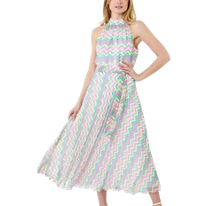 Long Dresses - Multicoloured Roman Zig Zag Halter Neck Pleated Dress - Multi