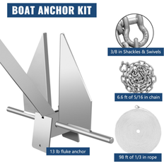 Molinetes VEVOR Boat Anchor Kit 13 lb Fluke Style Anchor, Hot Dipped Galvanized Steel Fluke Anchor, Marine Anchor with Anchor, Shackles, Chain, Rope for Boat Mo