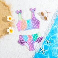 Lila Bikinis Barnkläder Shein Young Girl Mermaid Scale Print Bikini Swimsuit Set With Bowknot