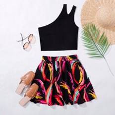 Black Other Sets Shein Teen Girl Knitted Tank Top With Shoulder Cutout & Colorful Painted Floral Patterned Skirt Set