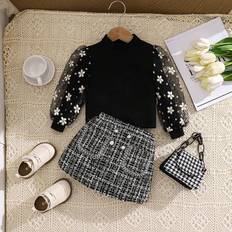 6-9M Other Sets Shein Baby Girl Cute Patchwork Mesh Flower Top And Plaid Skirt Set FallWinter