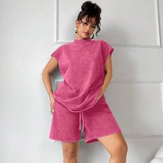 Jogger Shorts - Pink Shein pc Set Distressed Casual Outfit Dropped Shoulder Tee Wide Leg Bermuda Shorts Summer