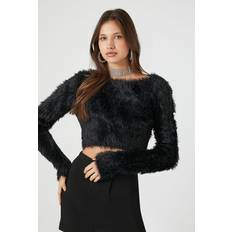 Forever 21 Women Sweaters Forever 21 Women's Fuzzy Knit Cropped Sweater in Black