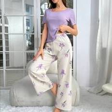 Lila Pyjamasar Shein Solid Color Short-Sleeve T-Shirt And Printed Pants Pajama Set
