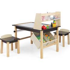 Costway Kids Art Table and Chairs Set with Paper Roll and Storage Bins-Coffee