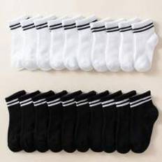 20pairs Kids' Black And White Striped Sports Socks With Cushioned Bar Design, Suitable For Daily Life Or Outfits