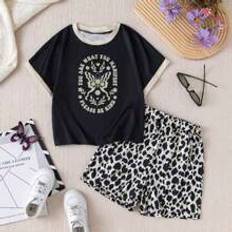 Leopard Övriga sets Barnkläder Shein Girl's Short Sleeved Top, Shorts, Butterfly Leopard Print Set, New Western Casual And Breathable