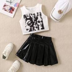 M Övriga sets Shein Fashionable Sleeveless Printed Vest And Pleated Skirt Set, For Young Girls