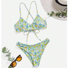 Florals - Women Bikini Sets Shein Floral Cross Back Tie Detachable Strap High Coverage Bikini Sets