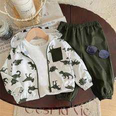 Other Sets Shein pcs BabyToddler Dinosaur Printed Contrast Color Hoodie Jacket And Solid Color Pants Outfit SpringSummerAutumn