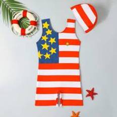 M Baddräkter Shein Young Boys' One-Piece Sleeveless Swimsuit With Hat, Summer, Print Design