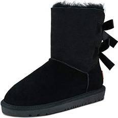 Boots TF Star Sheepskin Fur Lining Winter Warm Boots for Women & Ladies, Women's Mid Calf Leather Short Fashion Bow Snow Boots 11BM Black