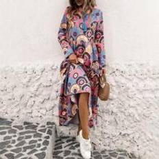 Blue - Knitted Dresses Shein Effordram Full Printed Long Sleeve Knot Collar Dress