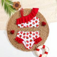 Röda Bikinis Barnkläder Shein Young Girl Strawberry Print Irregular Shoulder Ruffle Trim Bikini Swimsuit