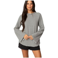 Gray - Women Blouses Edikted Women's Stripey Oversized Bell Sleeve Top Gray-melange XSmall